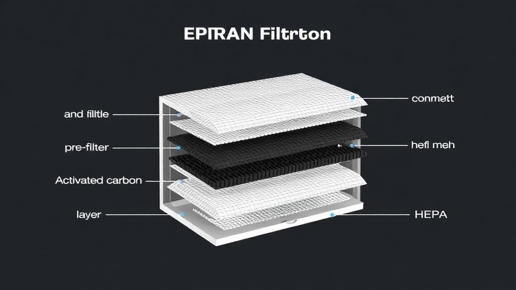Cross-section diagram showing HEPA filter layers including pre-filter activated carbon and True HEPA media