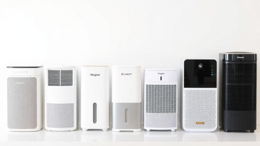 Top rated air purifiers for allergies lined up side by side for testing comparison