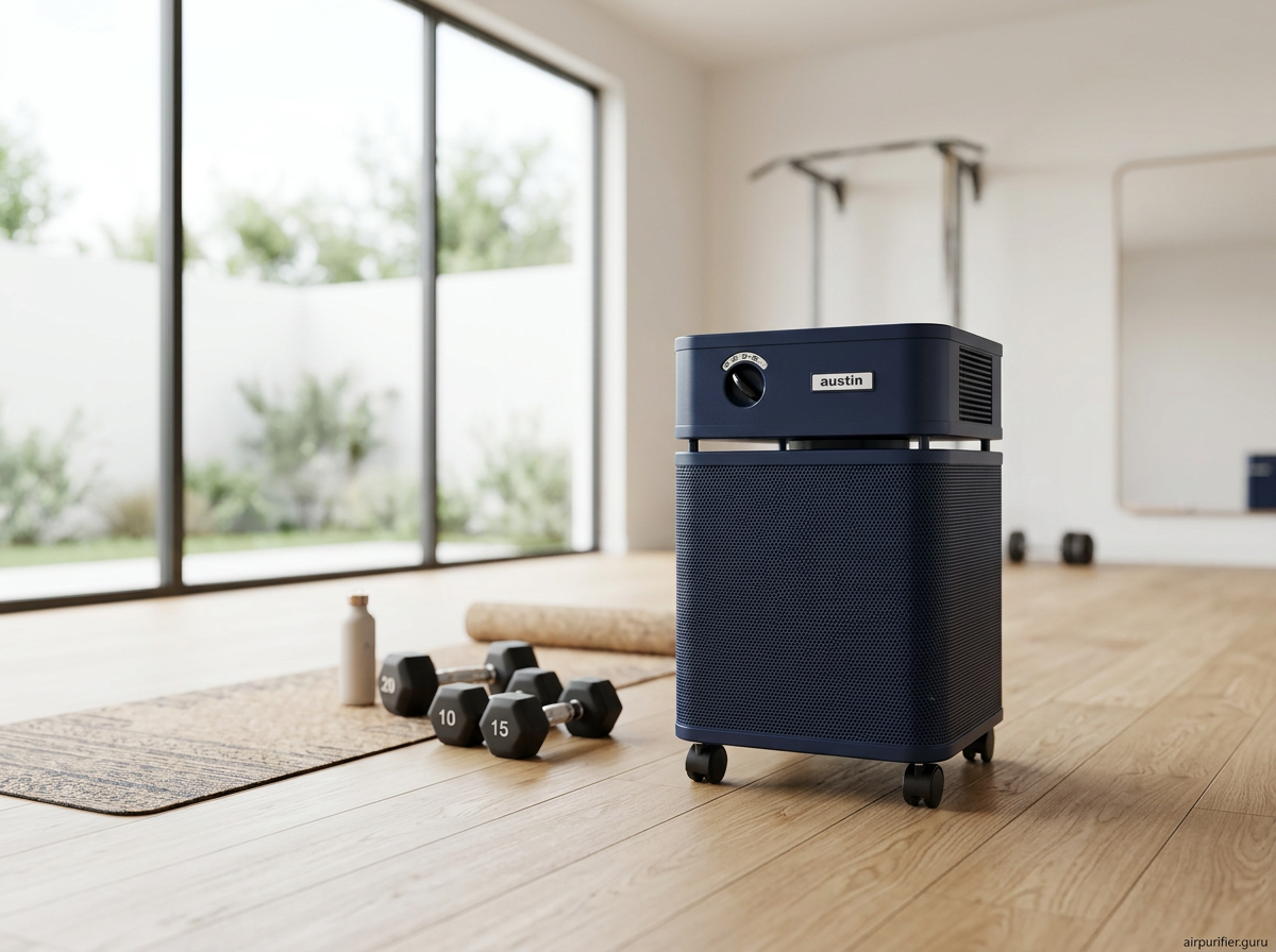 Austin HealthMate Plus HM450 air purifier showing perforated metal body and caster wheels