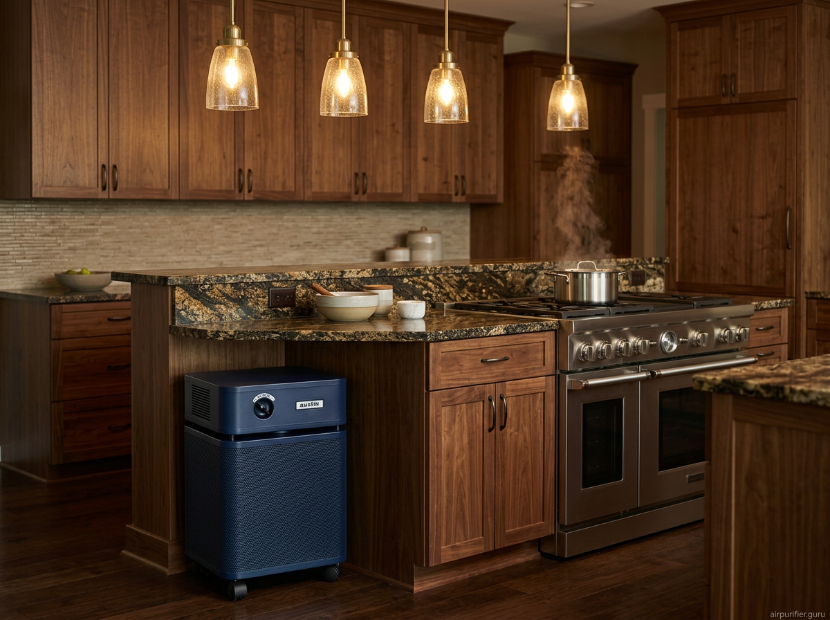 Navy blue Austin HealthMate Plus air purifier on a kitchen countertop