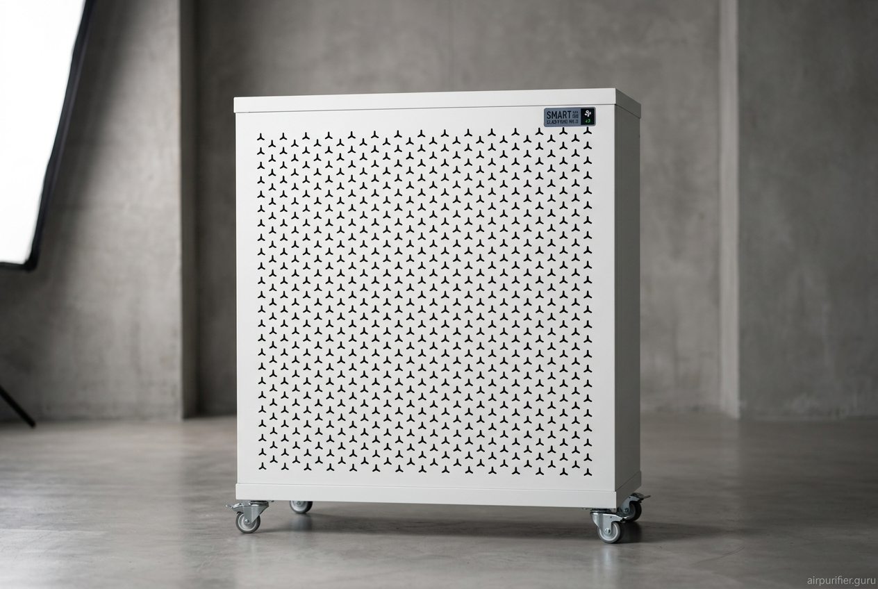 Smart Health Blast Mini Mk II air purifier — white square unit with perforated triangular grille and caster wheels
