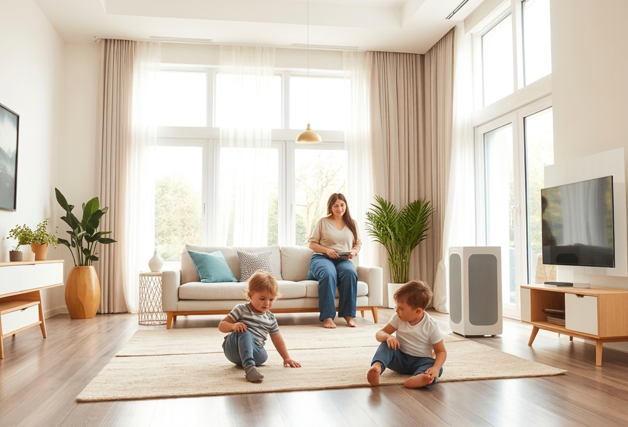 Family enjoying clean air at home with a whole house air purifier in the background