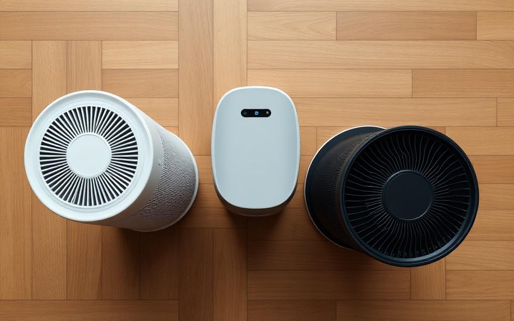 Three top-ranked VOC air purifiers compared side by side on a wooden floor