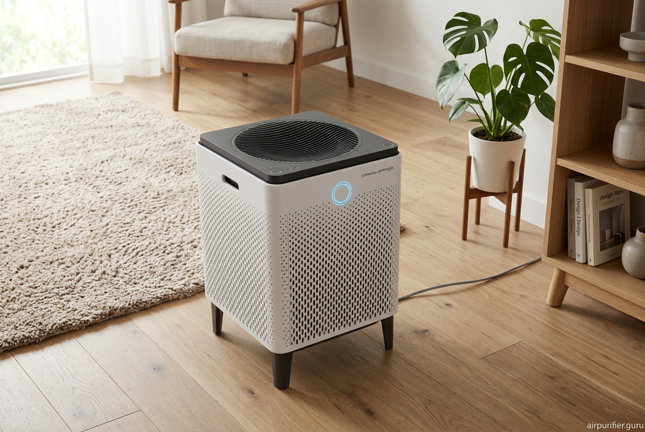 White Coway Airmega 400S air purifier on warm wood floor in a modern living room