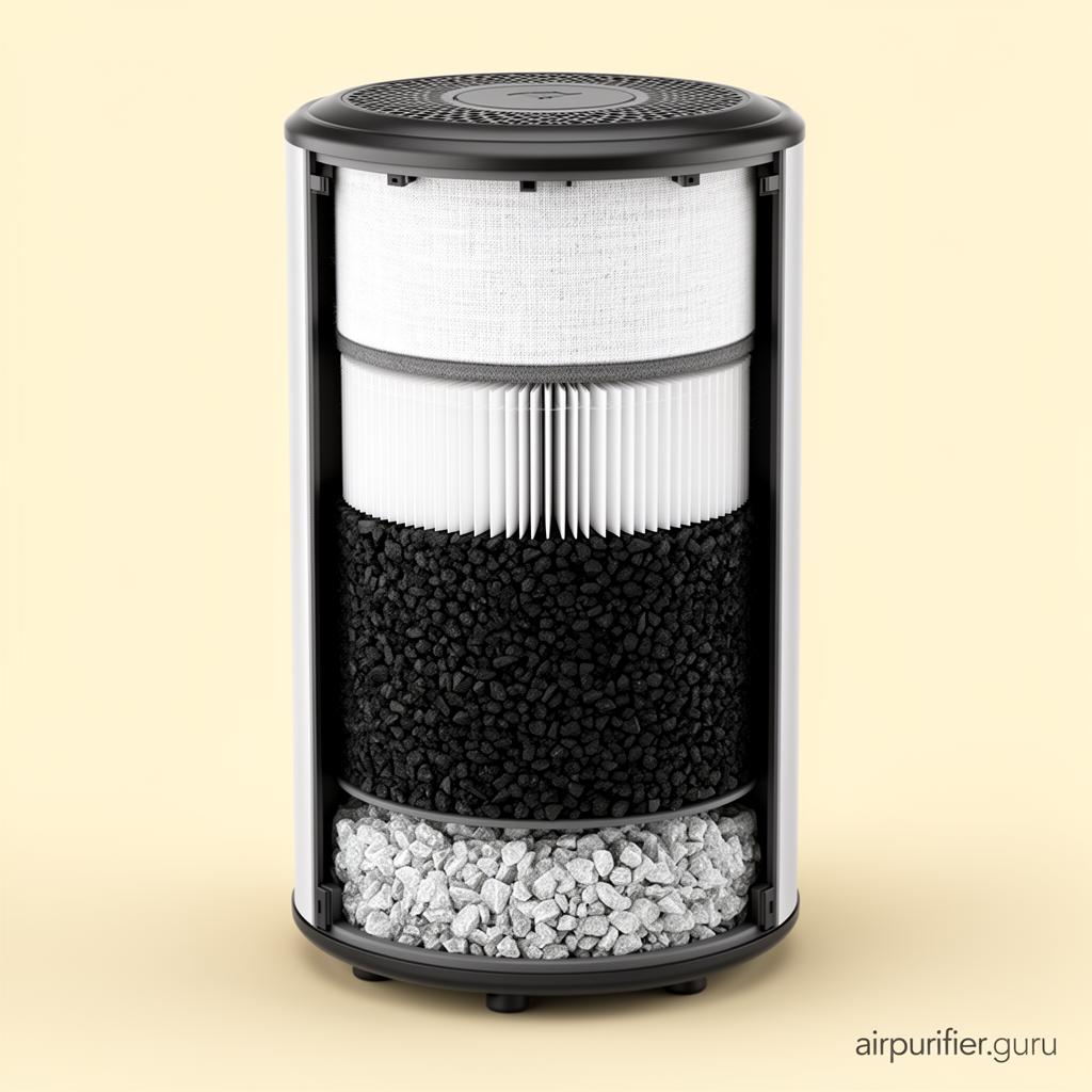 Cutaway view of a 4-stage air purifier showing pre-filter, HEPA, deep activated carbon bed and zeolite layer for VOC and formaldehyde removal