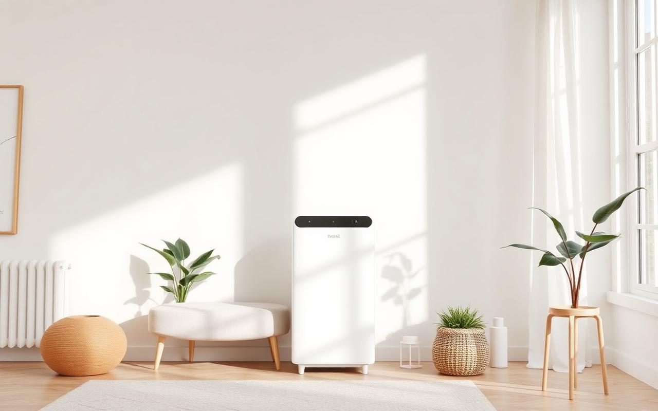 Modern air purifier removing VOCs in a bright living room with plants