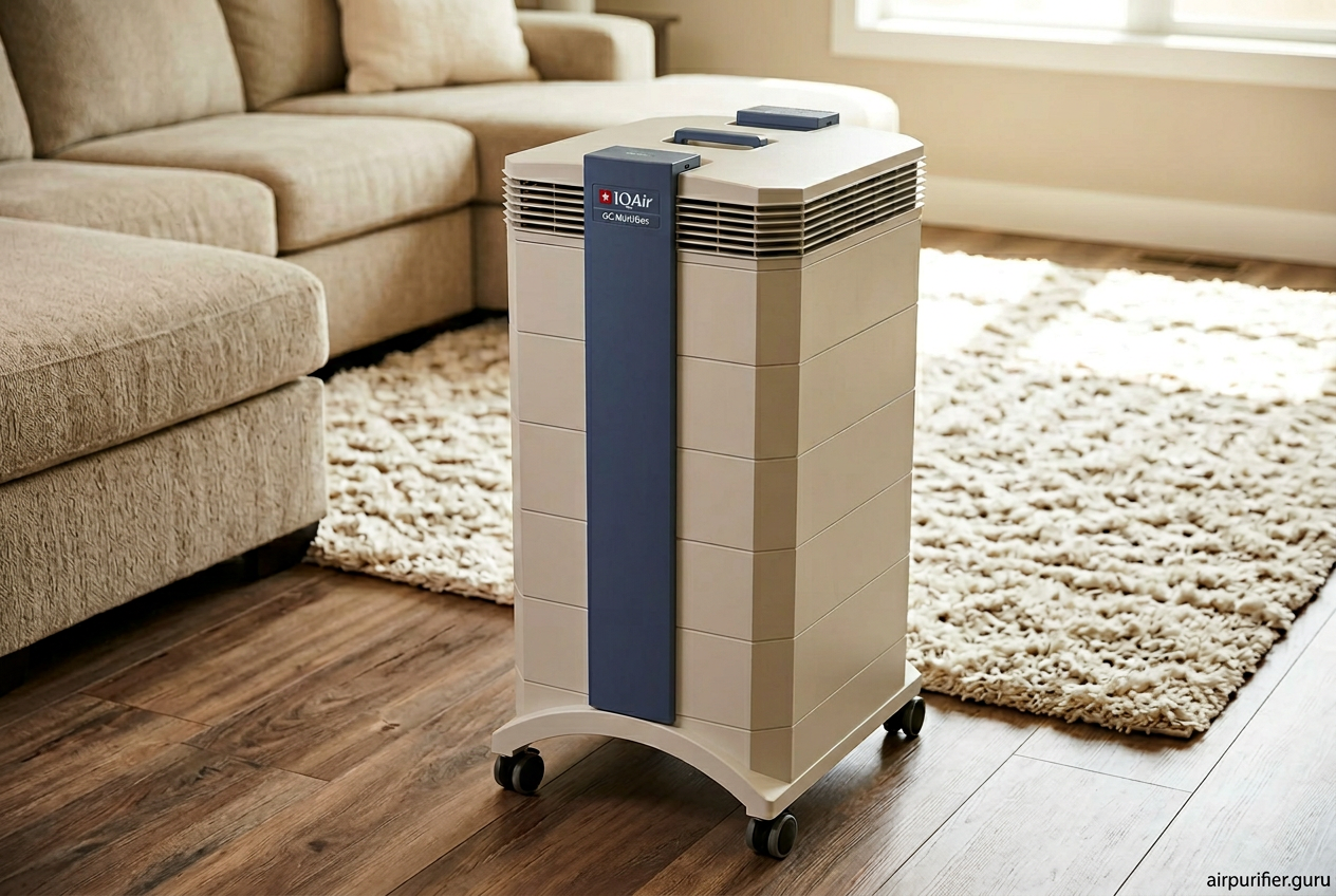 IQAir GC MultiGas air purifier in a modern living room next to a beige sofa