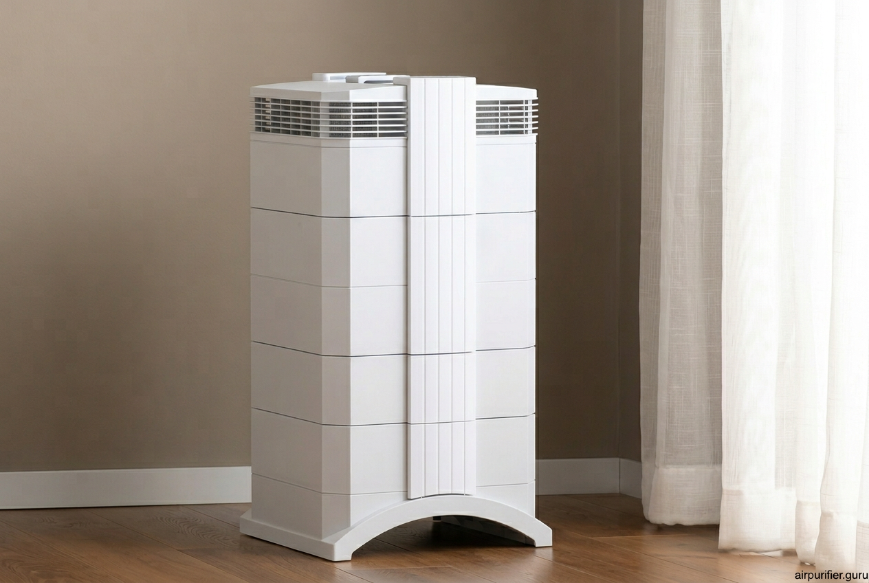 IQAir GC MultiGas air purifier — tall white stacked-module cabinet