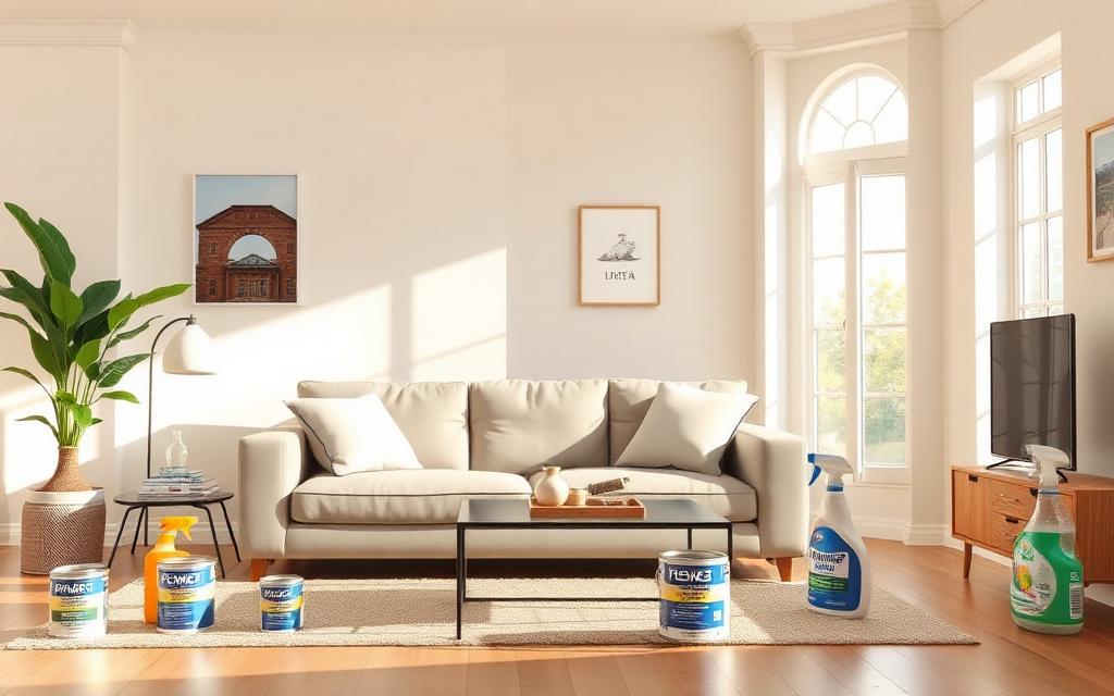 Common indoor VOC sources — paint cans, new sofa, cleaning sprays in a modern living room