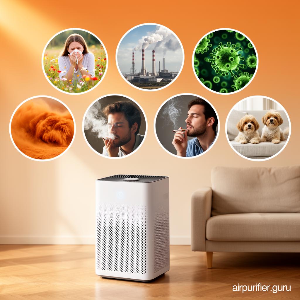Common indoor air threats next to a modern air purifier — pollen, industrial pollution, bacteria, smoke, dust and pet dander
