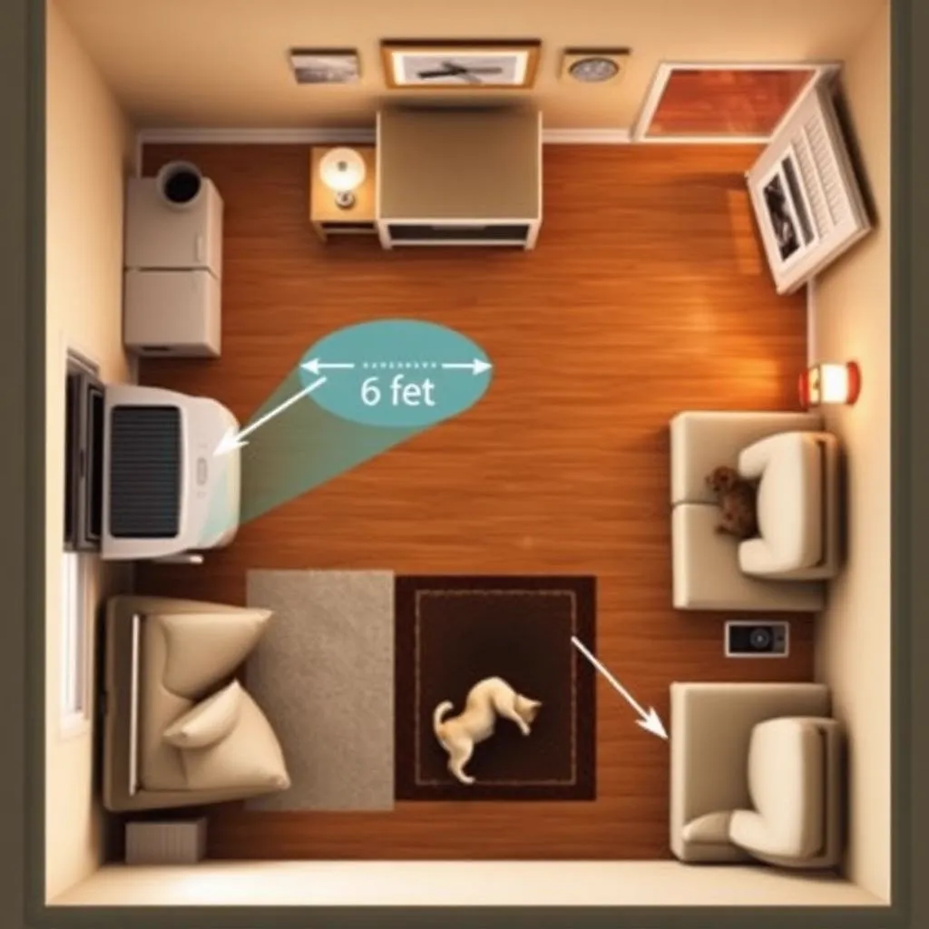 Room diagram showing where to place an air purifier relative to litter box, pet bed, door and vent