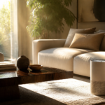 A sleek modern air purifier capturing airborne dust in a sunlit living room
