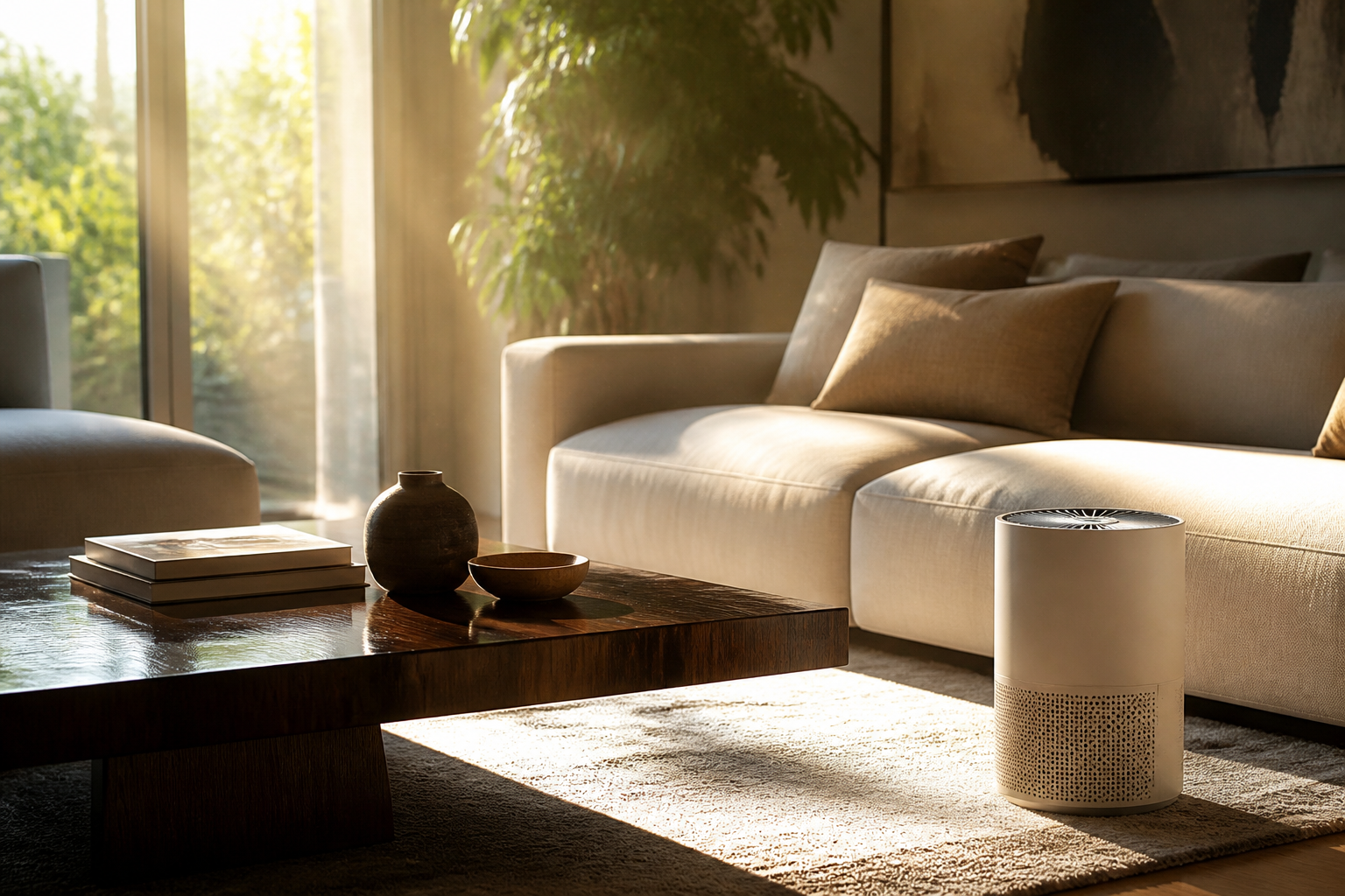 A sleek modern air purifier capturing airborne dust in a sunlit living room
