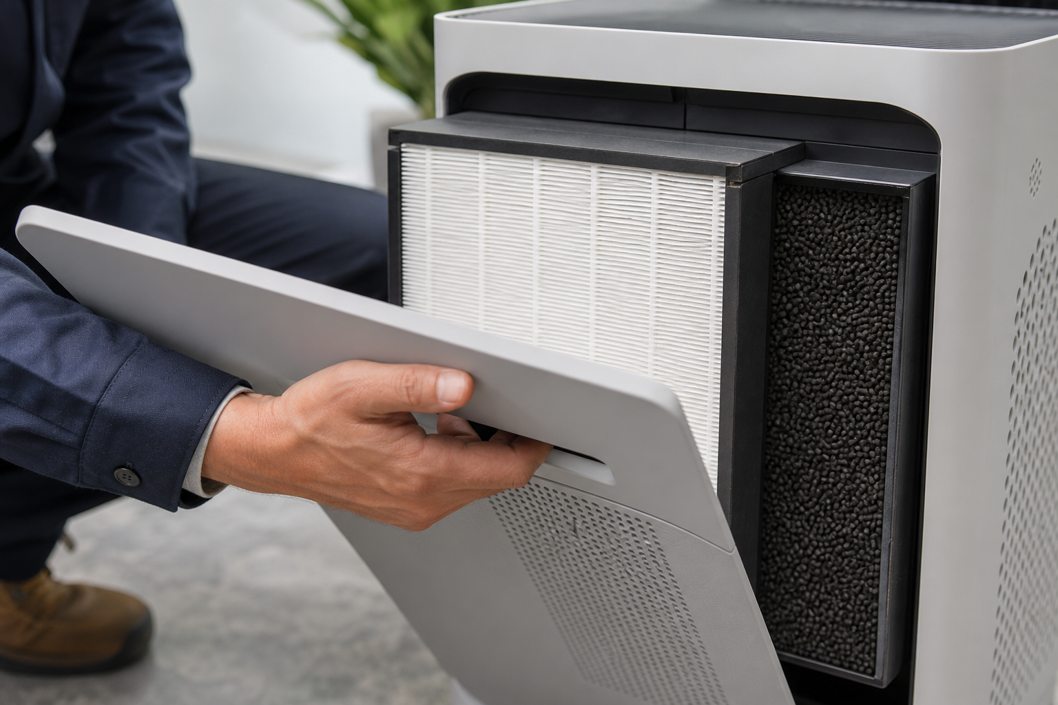 Filter replacement compartment open revealing dense True HEPA pleats and pelleted activated carbon
