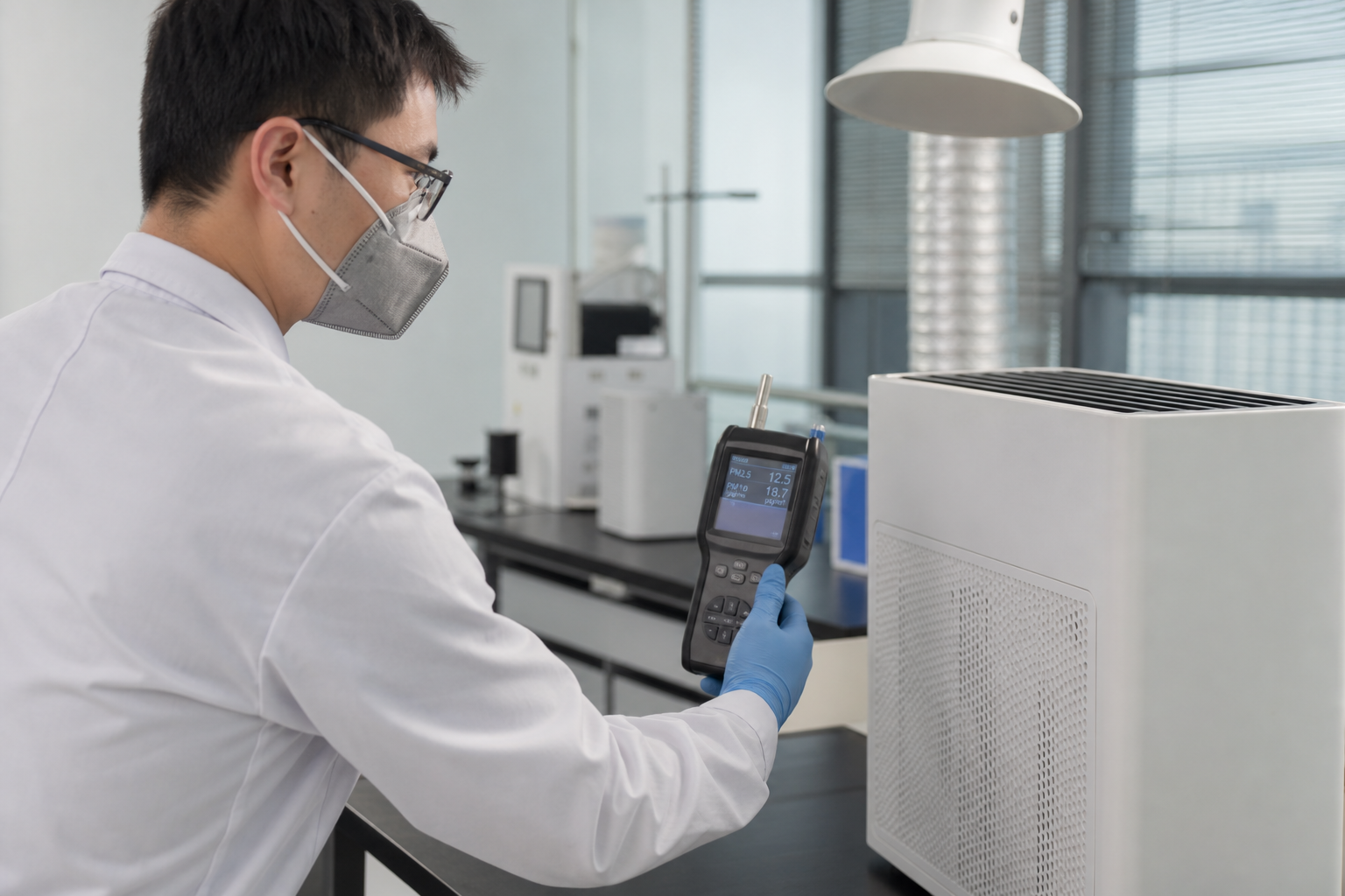 Lab technician testing air purifier dust particle intake using a laser optical counter