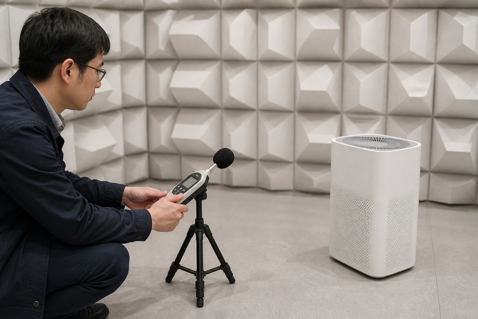 Technician recording sound decibels three feet away from a running budget air purifier
