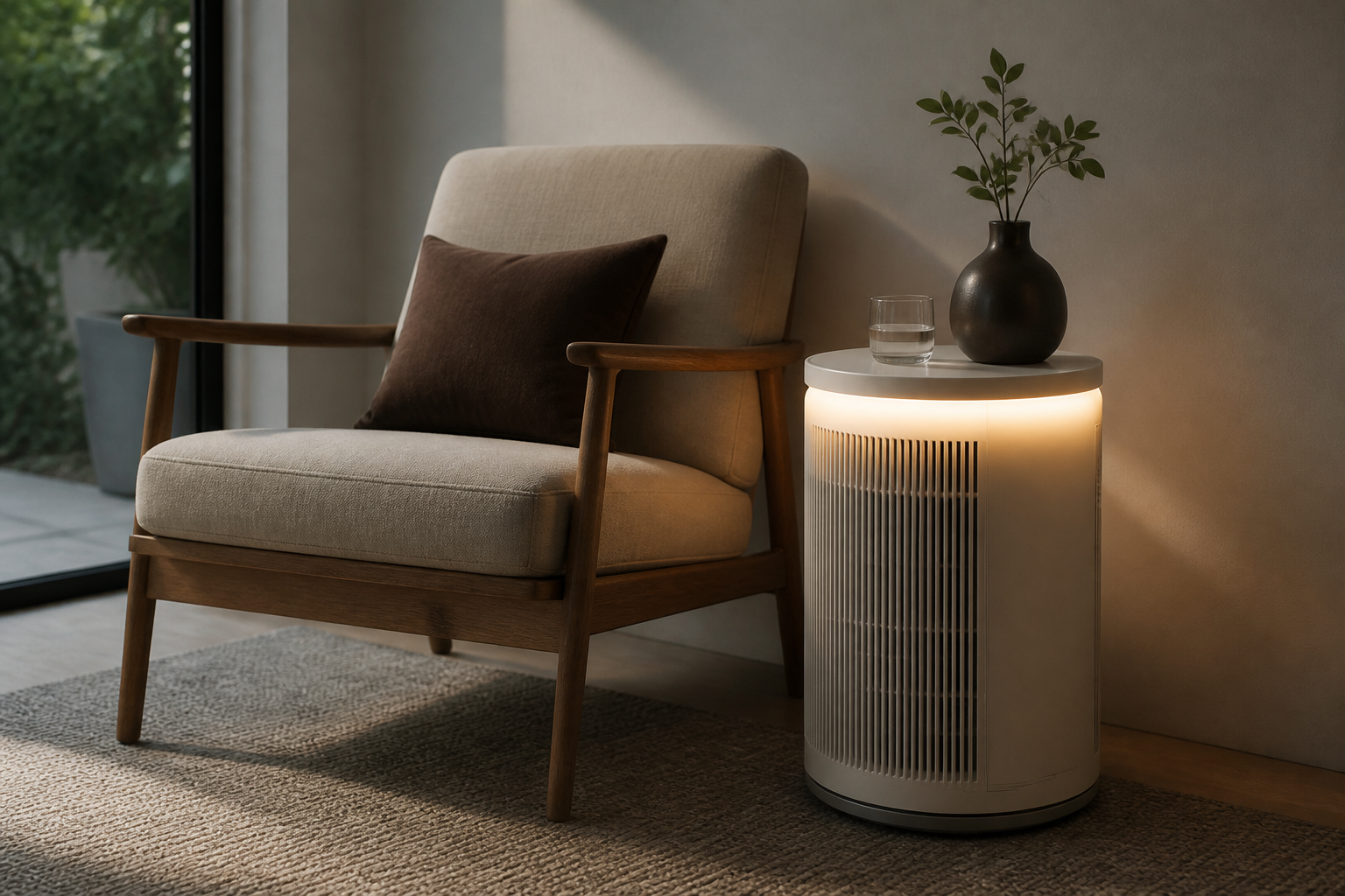 The SwitchBot Air Purifier doubling as a smart side table.