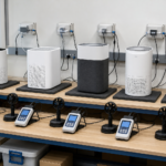 Top five tested budget air purifiers lined up on a testing bench with laser particle counters