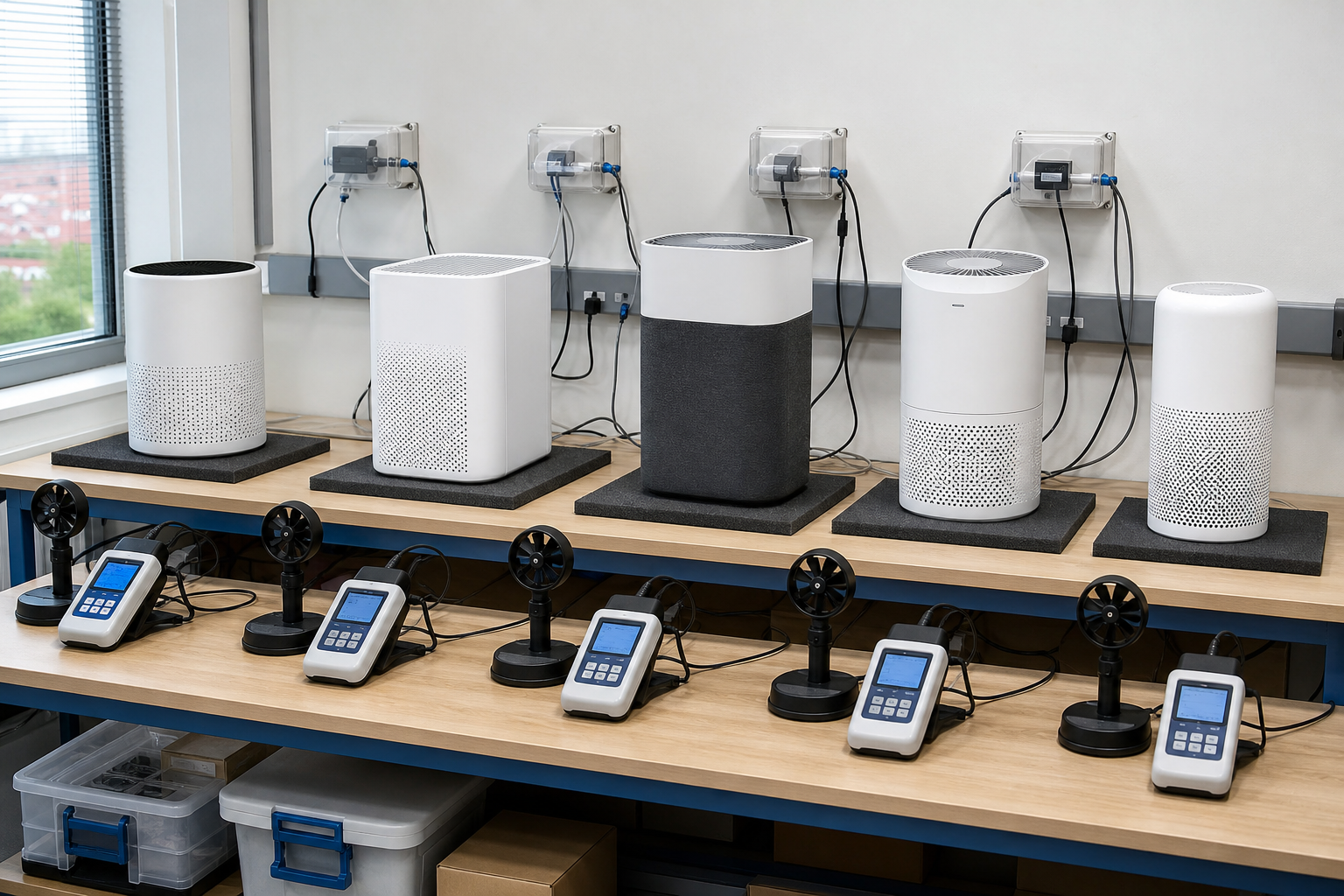 Top five tested budget air purifiers lined up on a testing bench with laser particle counters