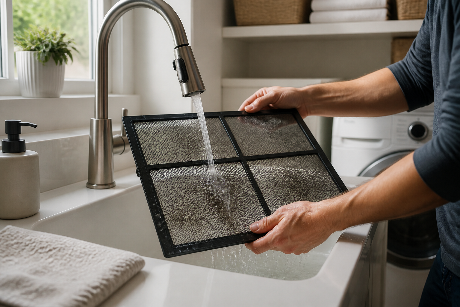 Washing an air purifier mesh pre-filter under running tap water